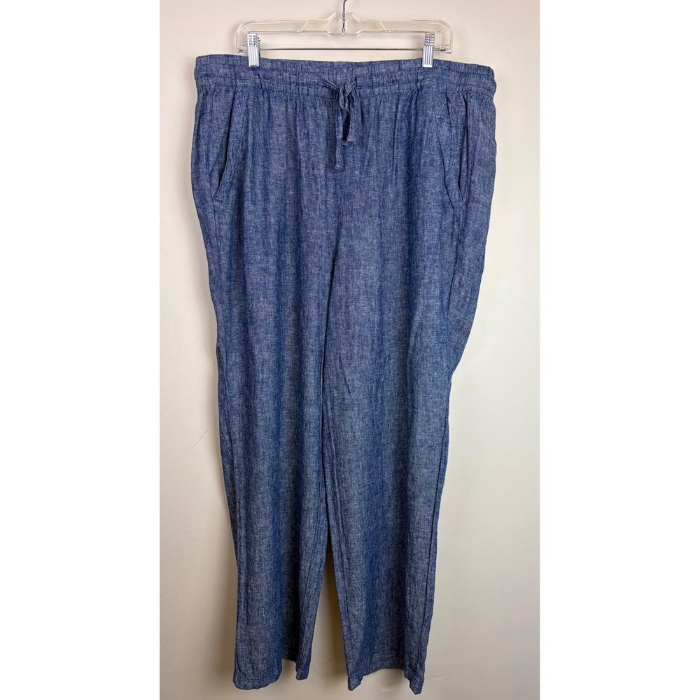 Old Navy Linen Blend Pants XL Blue Coastal Grandma Chambray Wide Leg Drawstring